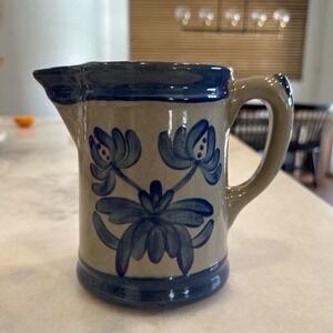 Beaumont Brothers Pottery Pitcher Blue Salt Glazed Vtg Signed BBP 1998 Flower